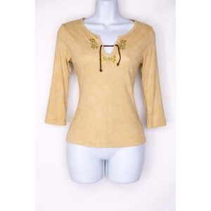 Language Boho Embroidered Top Tie Neck 3/4 Sleeve Size S Y2k Western Earth tone